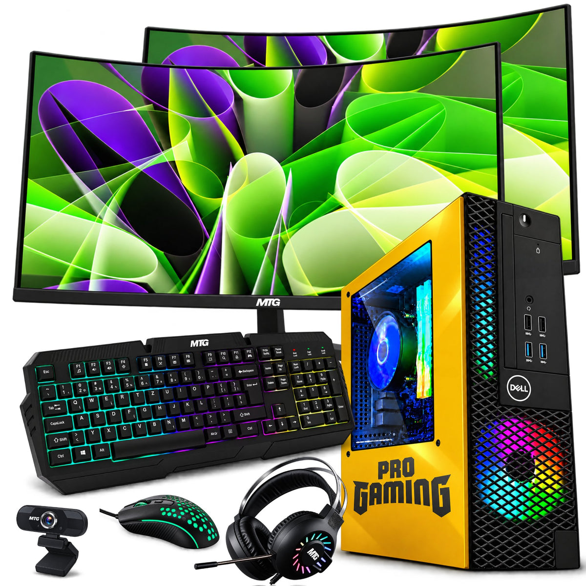 Refurbished Dell OptiPlex gaming PC Lambo Edition (yellow) with dual 32 inch monitors, GTX 1650, RGB keyboard, mouse and headset