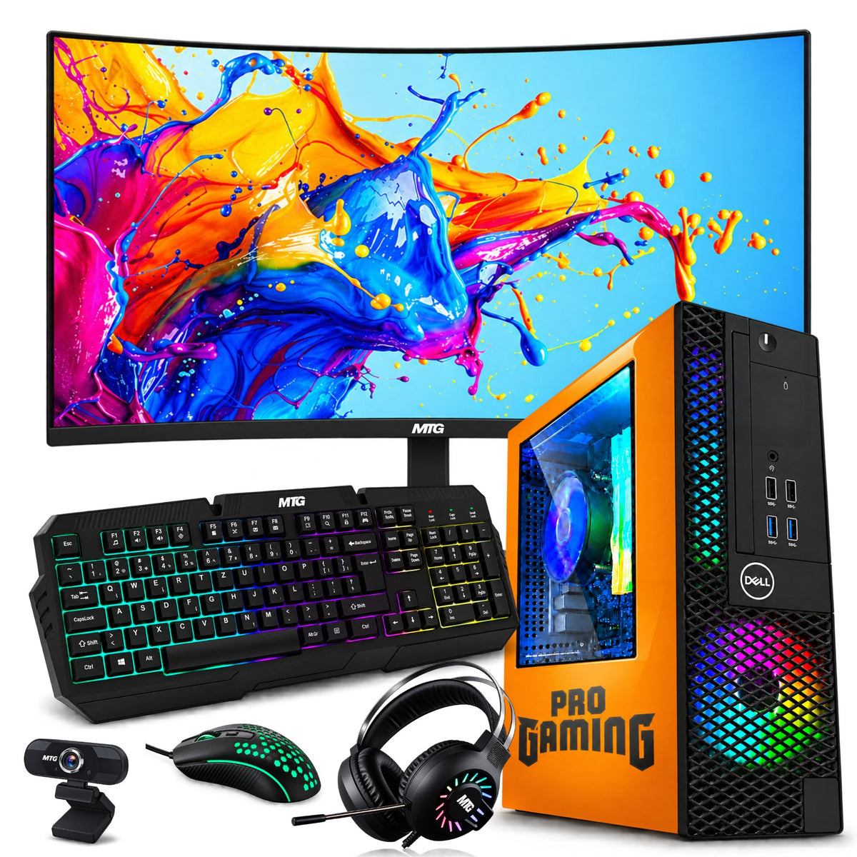 Refurbished Dell OptiPlex gaming PC Phoenix Edition (orange) with 27 inch monitor, GTX 1650, RGB keyboard, mouse and headset