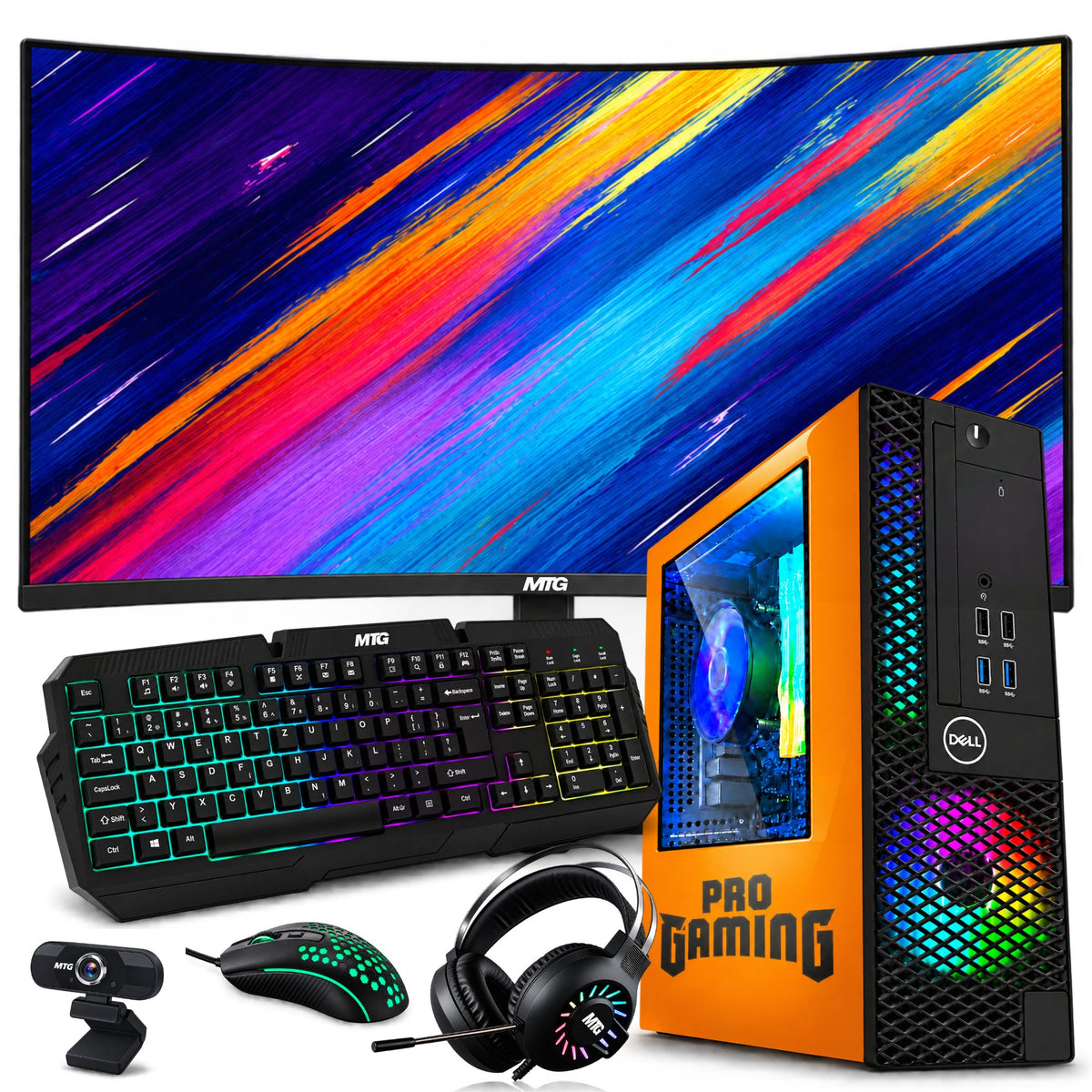 Refurbished Dell OptiPlex gaming PC Phoenix Edition (orange) with 32 inch monitor, GTX 1650, RGB keyboard, mouse and headset