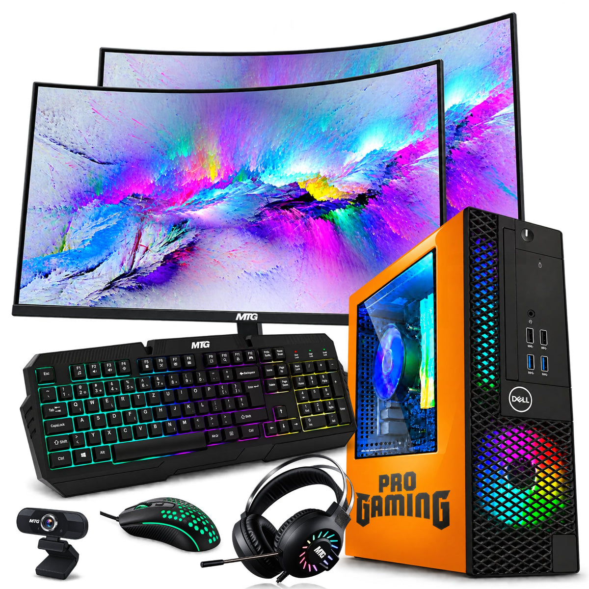 Refurbished Dell OptiPlex gaming PC Phoenix Edition (orange) with dual 24 inch monitors, GTX 1650, RGB keyboard, mouse and headset