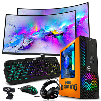 Refurbished Dell OptiPlex gaming PC Phoenix Edition (orange) with dual 24 inch monitors, GTX 1650, RGB keyboard, mouse and headset