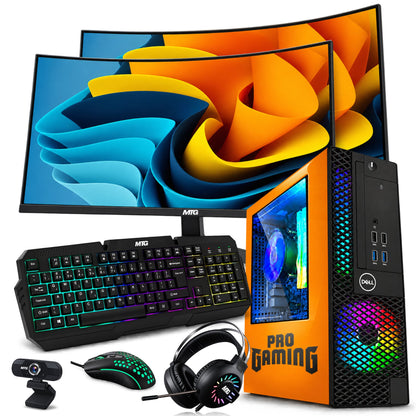 Refurbished Dell OptiPlex gaming PC Phoenix Edition (orange) with dual 27 inch monitors, GTX 1650, RGB keyboard, mouse and headset