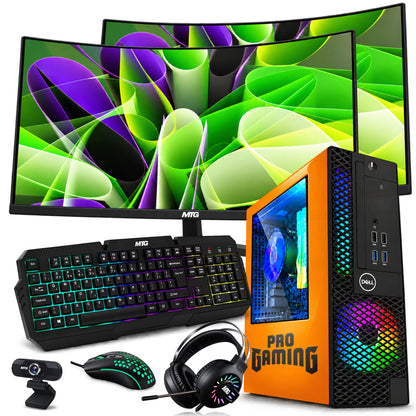 Refurbished Dell OptiPlex gaming PC Phoenix Edition (orange) with dual 32 inch monitors, GTX 1650, RGB keyboard, mouse and headset