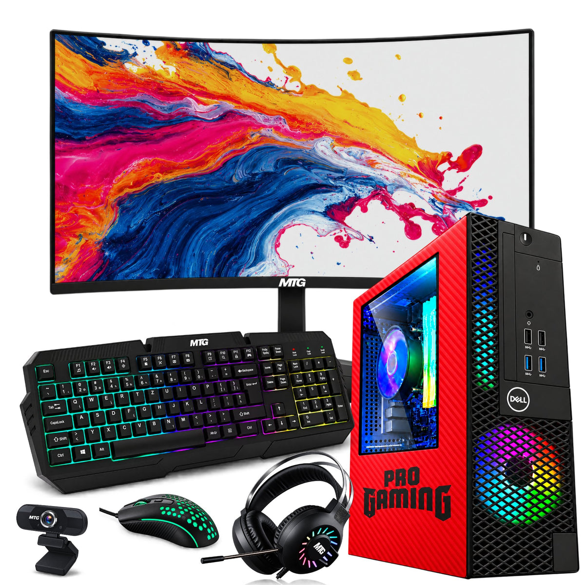 Refurbished Dell OptiPlex gaming PC Red Edition with 24 inch monitor, GTX 1650, RGB keyboard, mouse and headset