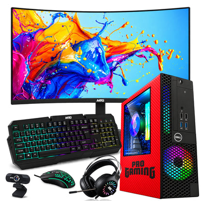 Refurbished Dell OptiPlex gaming PC Red Edition with 27 inch monitor, GTX 1650, RGB keyboard, mouse and headset