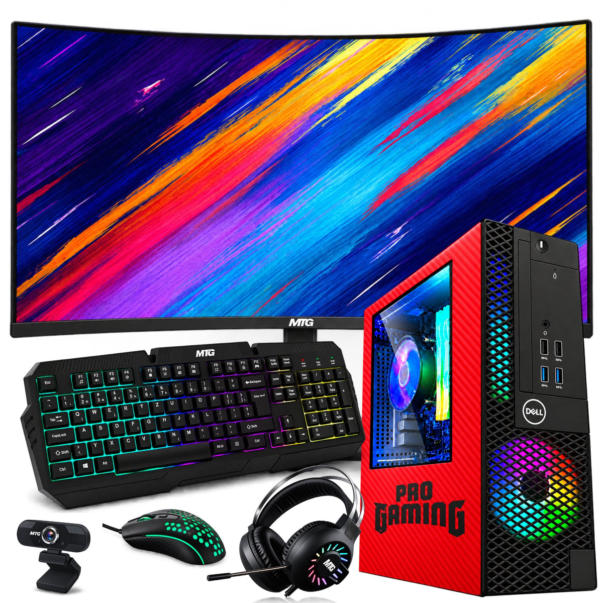 Refurbished Dell OptiPlex gaming PC Red Edition with 32 inch monitor, GTX 1650, RGB keyboard, mouse and headset
