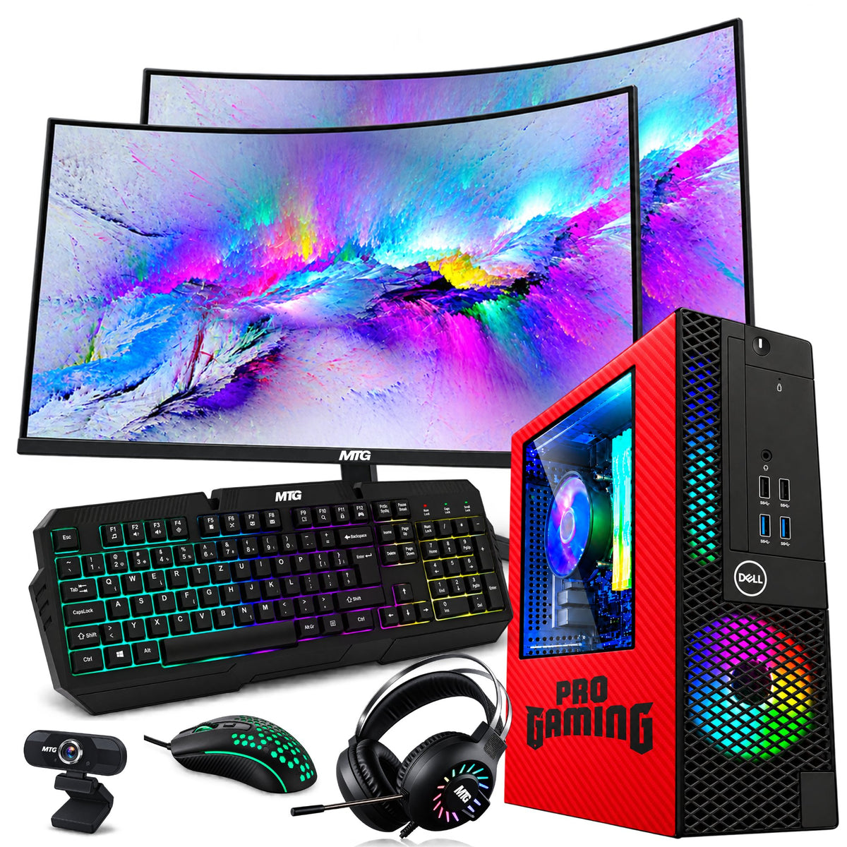 Refurbished Dell OptiPlex gaming PC Red Edition with dual 24 inch monitors, GTX 1650, RGB keyboard, mouse and headset