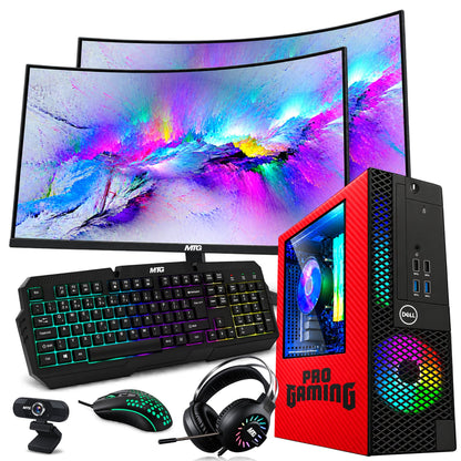 Refurbished Dell OptiPlex gaming PC Red Edition with dual 24 inch monitors, GTX 1650, RGB keyboard, mouse and headset
