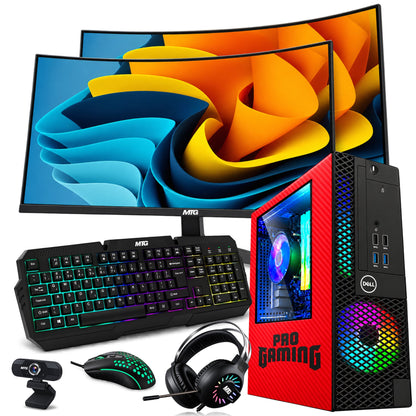 Refurbished Dell OptiPlex gaming PC Red Edition with dual 27 inch monitors, GTX 1650, RGB keyboard, mouse and headset