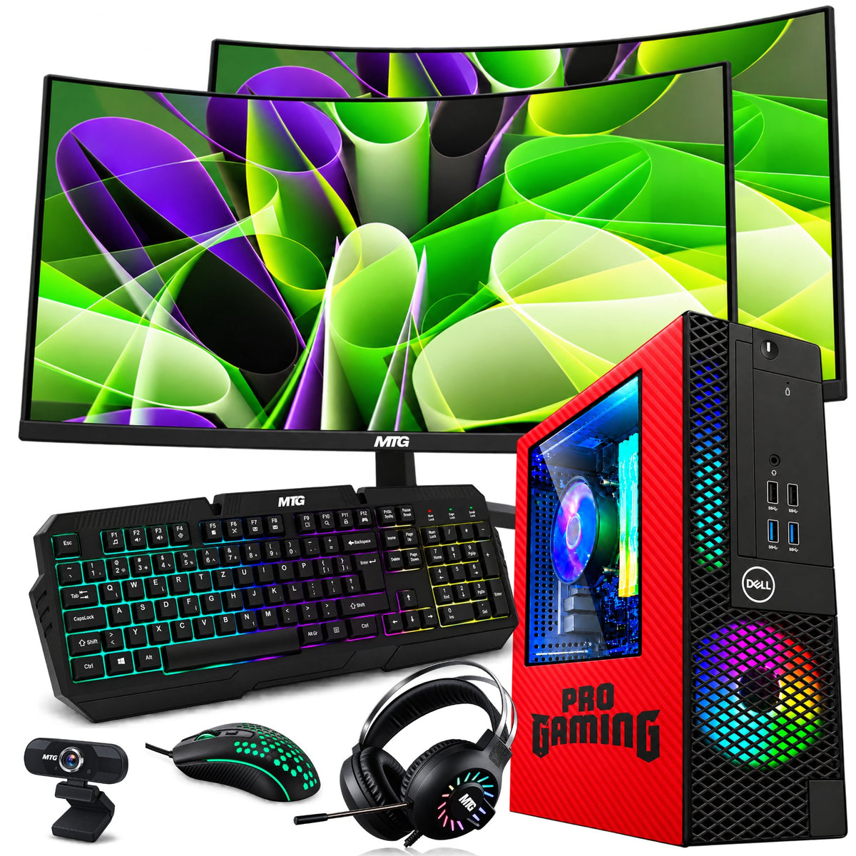Refurbished Dell OptiPlex gaming PC Red Edition with dual 32 inch monitors, GTX 1650, RGB keyboard, mouse and headset