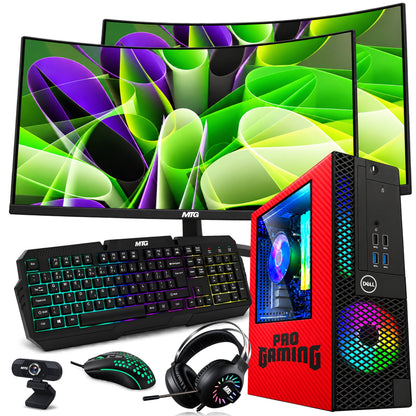 Refurbished Dell OptiPlex gaming PC Red Edition with dual 32 inch monitors, GTX 1650, RGB keyboard, mouse and headset