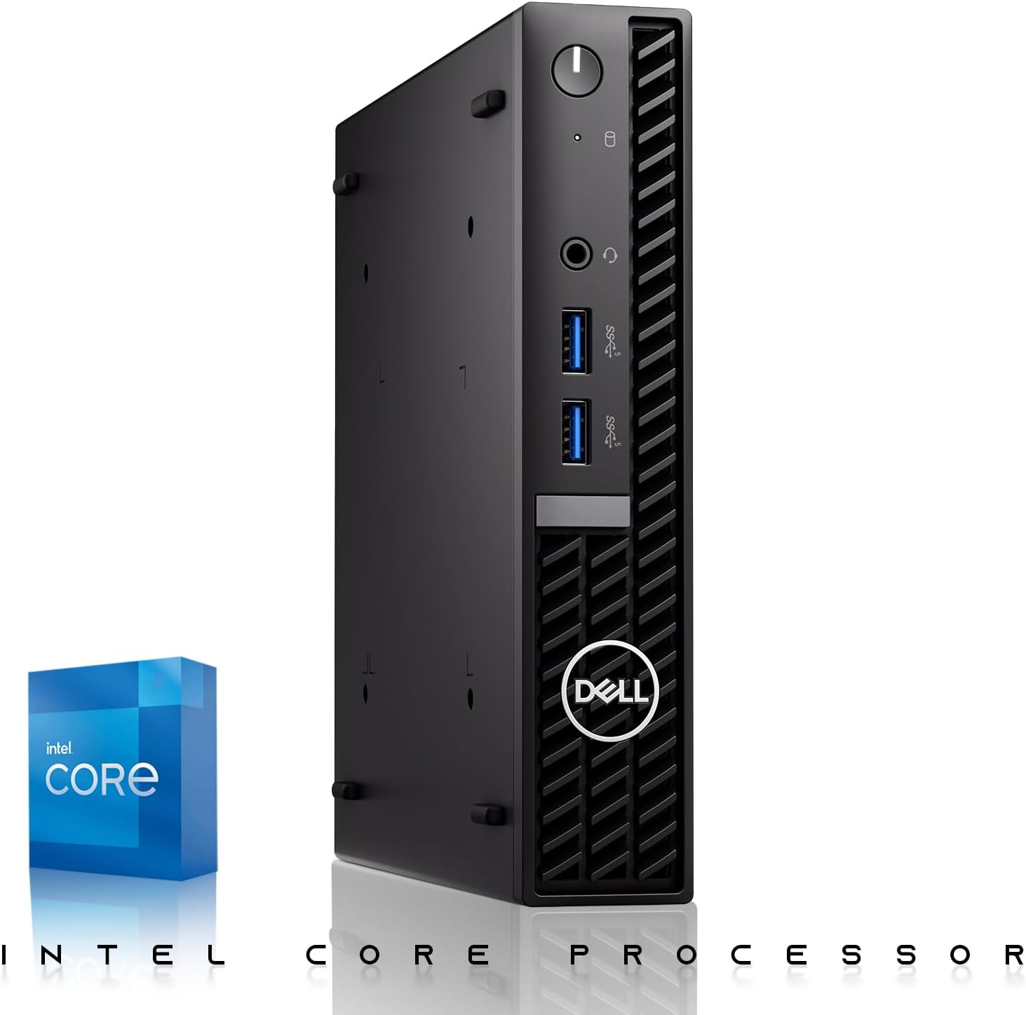 A black Dell Mini Tower desktop computer shown upright on a white background, with a blue Intel Core processor box graphic on the lower left and the text 'INTEL CORE PROCESSOR' along the bottom.