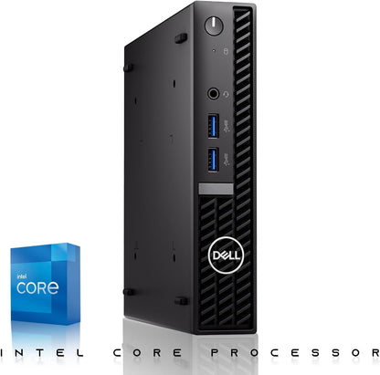 A black Dell Mini Tower desktop computer shown upright on a white background, with a blue Intel Core processor box graphic on the lower left and the text 'INTEL CORE PROCESSOR' along the bottom.