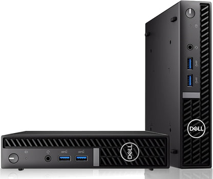 A Dell mini desktop computer shown from the front and side on a clean white background. The unit is black with blue USB ports and the Dell logo on the front and side panel.