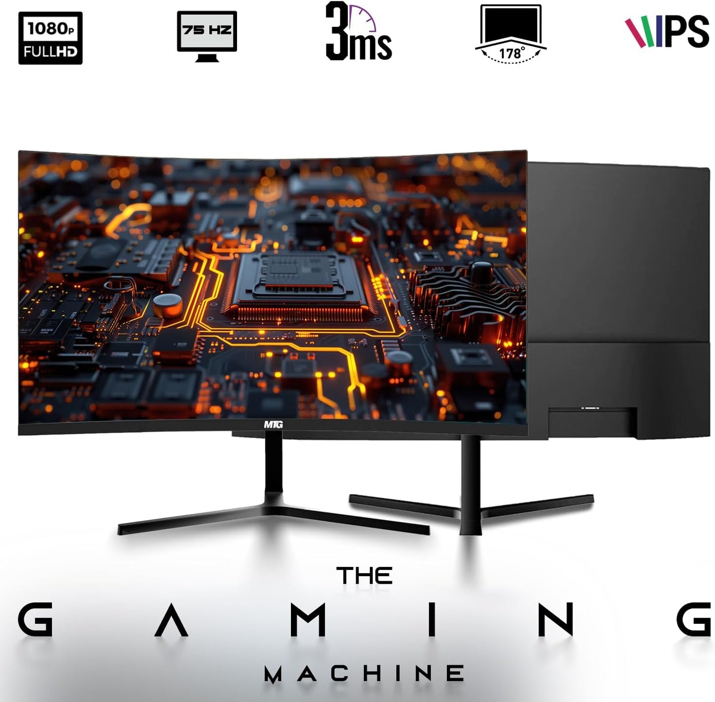 A curved gaming monitor with a black stand and a matching black tower PC shown on a white background. The monitor screen displays a glowing circuit board graphic.