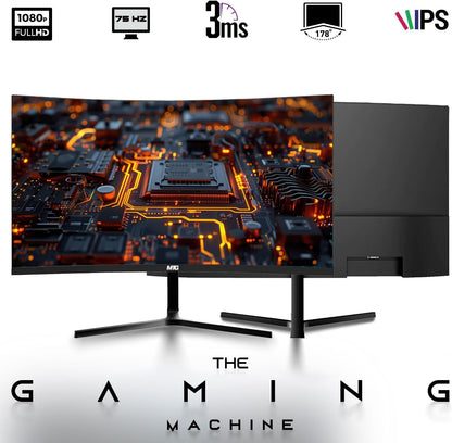 A curved gaming monitor with a black stand and a matching black tower PC shown on a white background. The monitor screen displays a glowing circuit board graphic.