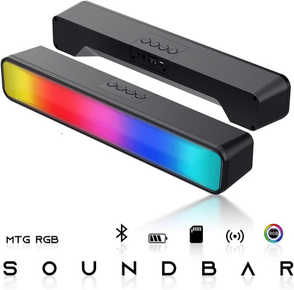 Black soundbar with RGB lighting on a white background