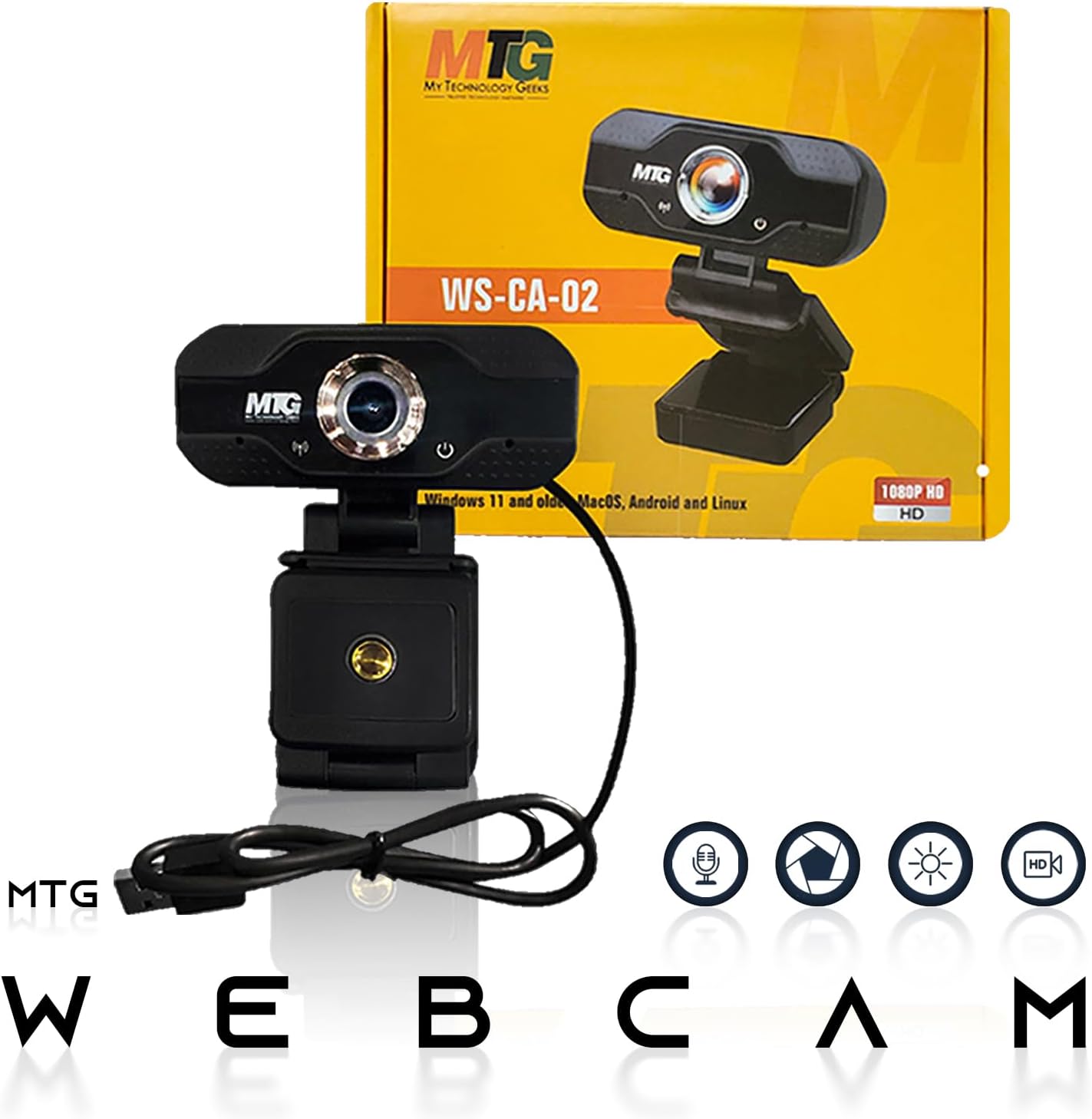 Black MTG webcam with attached power cable shown in front of its yellow retail box, with feature icons and large 'WEB CAM' text below on a white background.